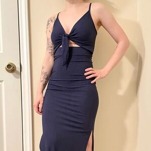 Navy Ribbed Bodycon Stretchy Tie Front Maxi Dress Size XS